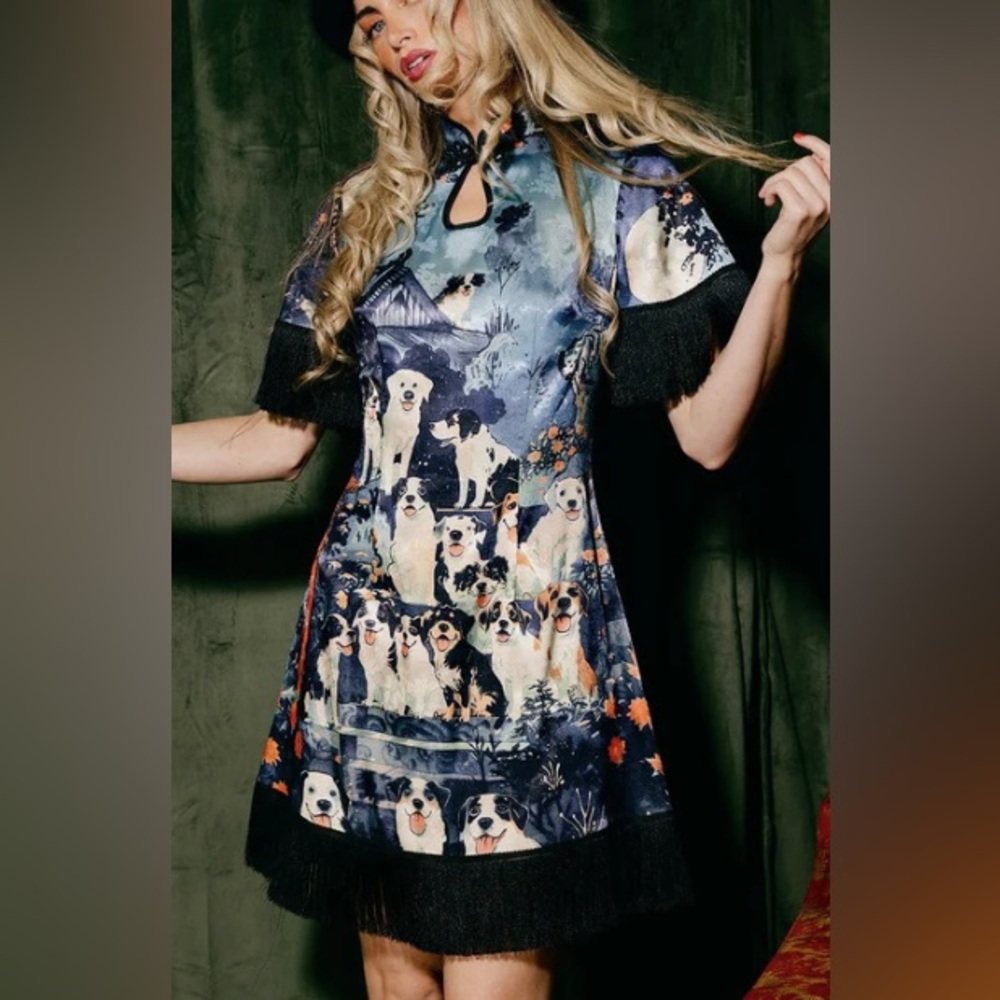 Dressed in lala Stylish Blue Dog Print Dress, 3X